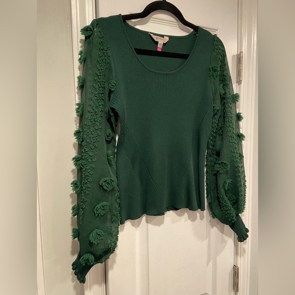 No Boundaries Green Ribbed Knit Sheer Puff Ruffle Embroidered Sleeve Size L - Picture 3 of 11